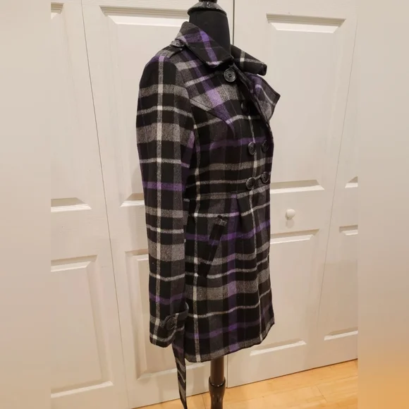 Arizona purple plaid double breasted black button up belted jacket coat S - Picture 3 of 9